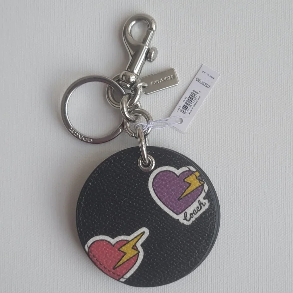 Coach Heart Bolt Print Black Coated Canvas CW475 Mirror Bag Charm Key Chain
